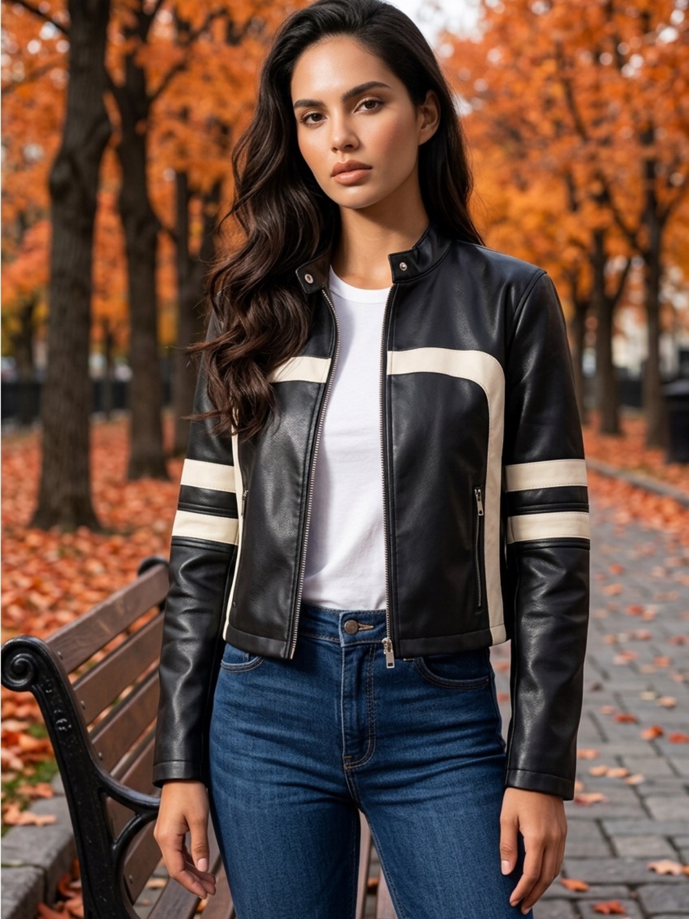 Stoosh Black Leather Jacket with Cream Racing Stripes